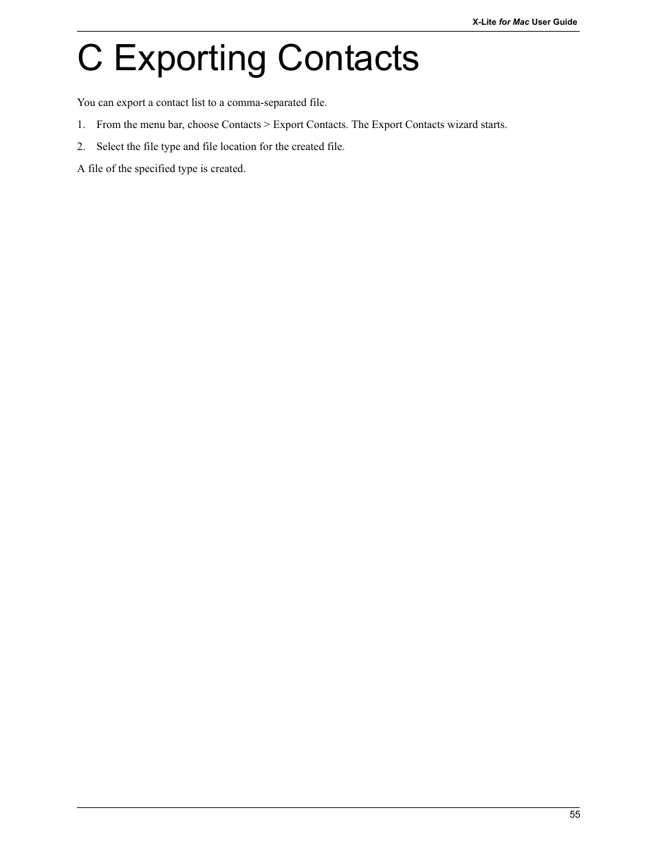 C exporting contacts | CounterPath X-Lite 4.7 for Mac User Guide User Manual | Page 59 / 61