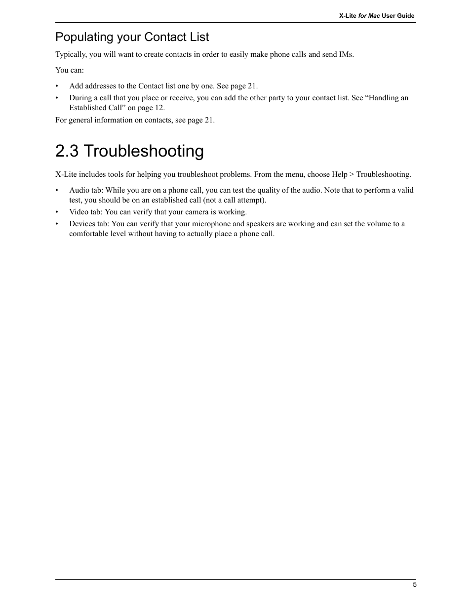 3 troubleshooting, Troubleshooting, Populating your contact list | CounterPath X-Lite 4.7 for Mac User Guide User Manual | Page 9 / 61