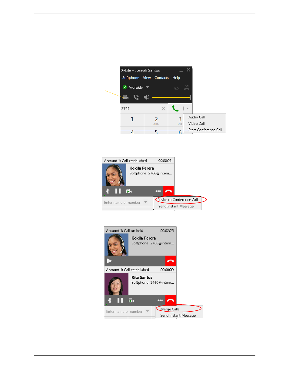 7 conference calls – three-way calls, Starting a three-way call, Conference calls – three-way calls | CounterPath X-Lite 4.6 for Windows User Guide User Manual | Page 20 / 66