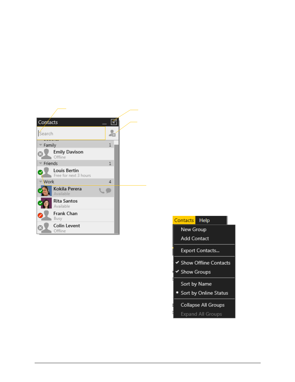 5 the contacts tab, The contacts tab, 5the contacts tab | CounterPath X-Lite 4.6 for Windows User Guide User Manual | Page 29 / 66