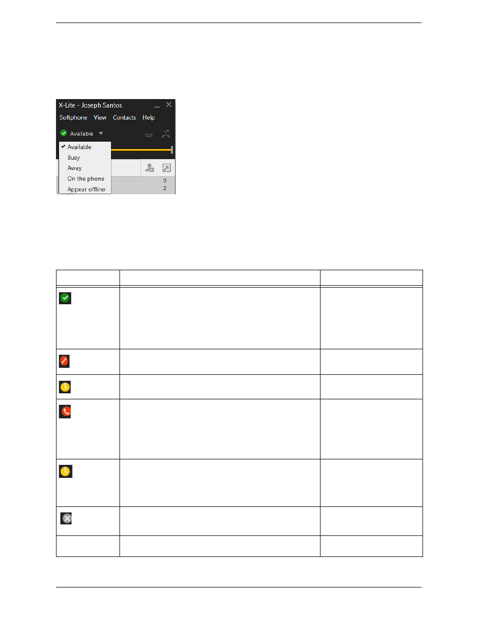 Setting your online status, Changing your status, Setting up status indicators | Status indicators | CounterPath X-Lite 4.6 for Windows User Guide User Manual | Page 36 / 66