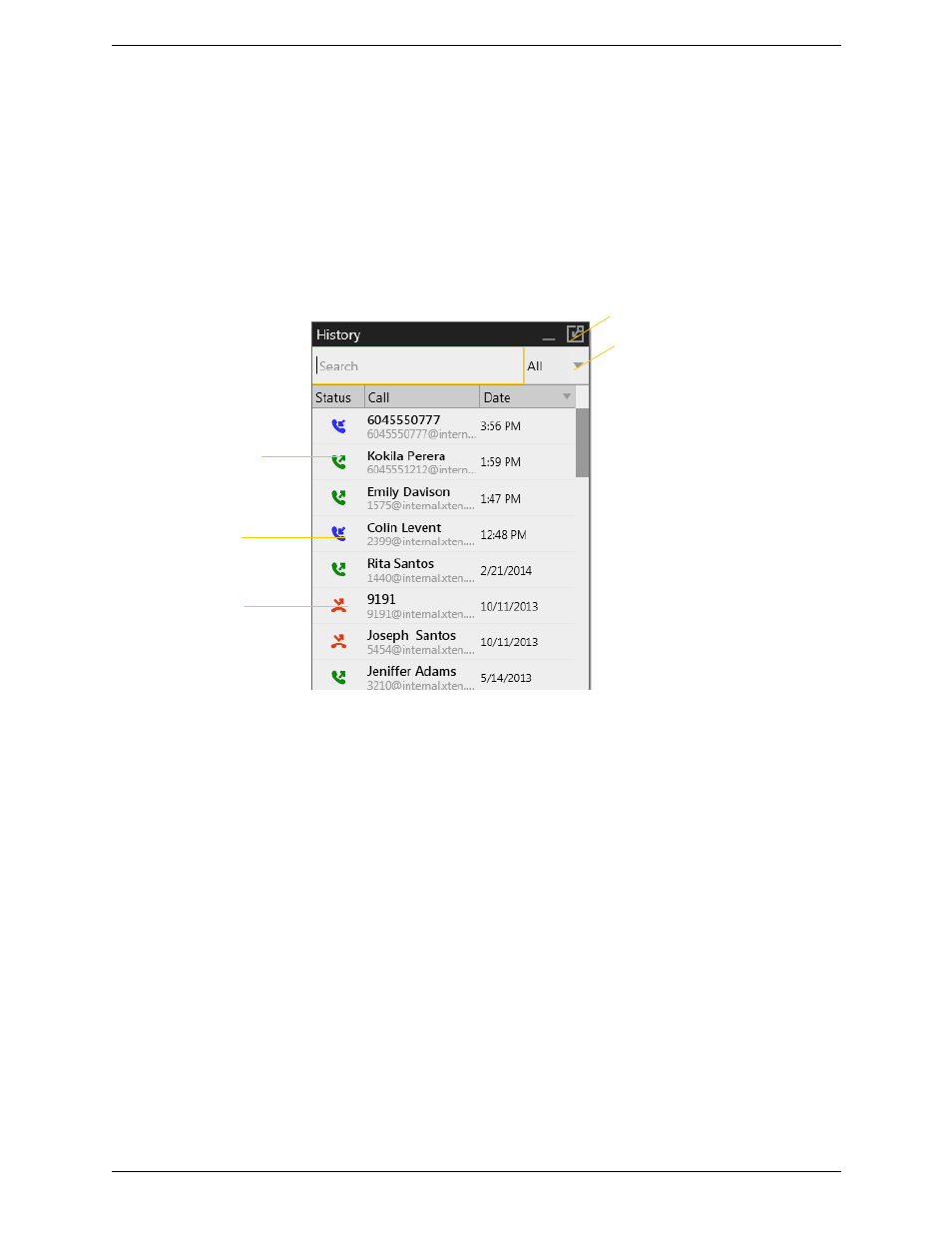 6 using other resources, 1 history tab, Managing the lists of calls | Phoning from history, Using other resources, History tab, 6using other resources | CounterPath X-Lite 4.6 for Windows User Guide User Manual | Page 37 / 66