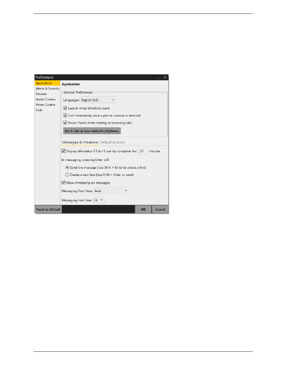 2 configuring preferences, Preferences – application, Configuring preferences | CounterPath X-Lite 4.6 for Windows User Guide User Manual | Page 48 / 66
