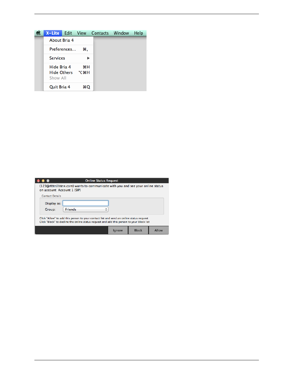 The x-lite menu, Receiving an online status request | CounterPath X-Lite 4.6 for Mac User Guide User Manual | Page 12 / 61