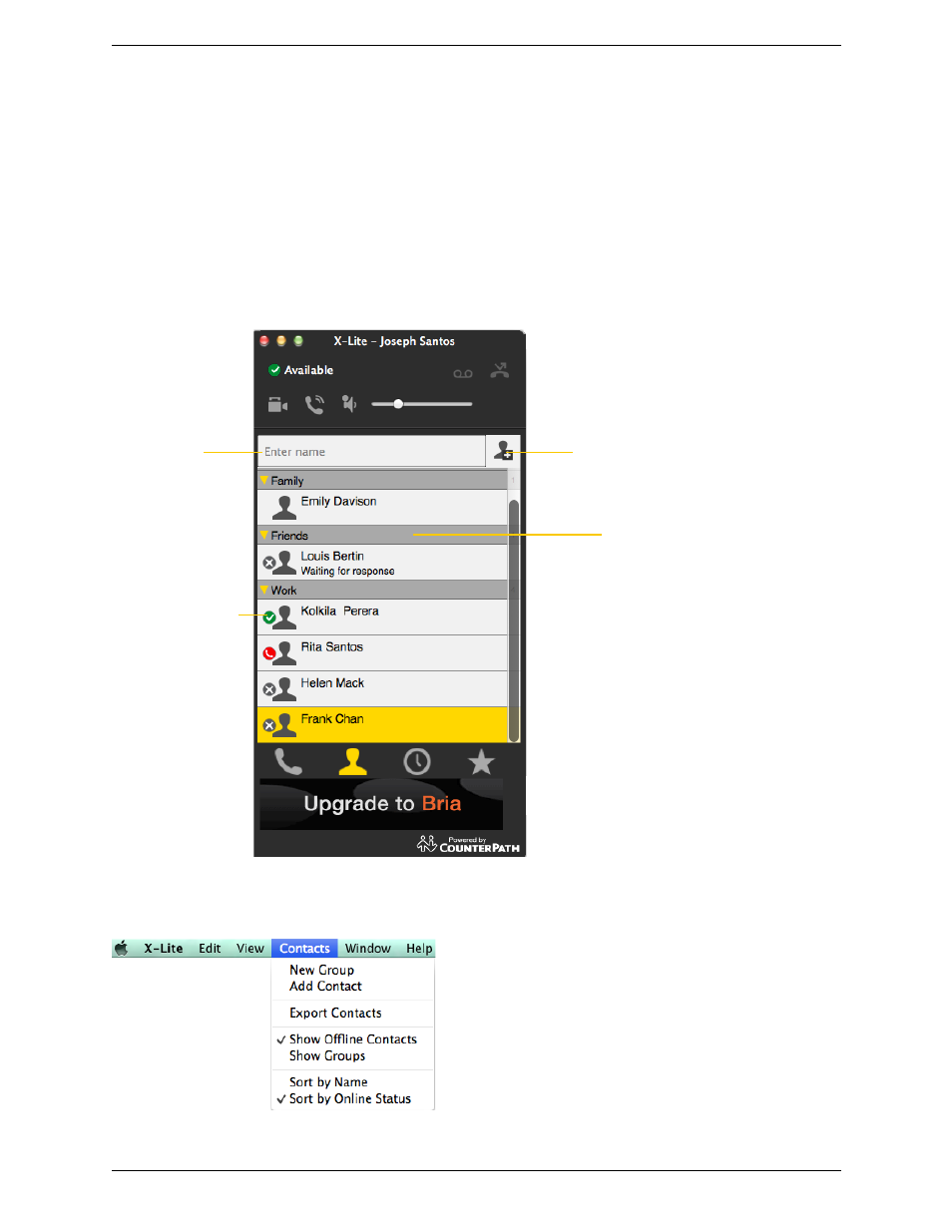 5 the contacts tab, The contacts tab, 5the contacts tab | CounterPath X-Lite 4.6 for Mac User Guide User Manual | Page 25 / 61