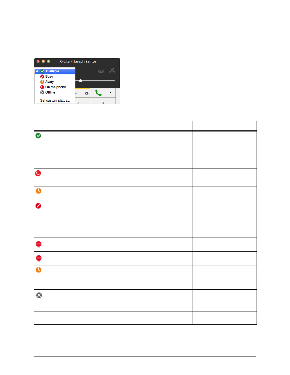 Setting your online status, Changing your status, Setting up online status indicators | CounterPath X-Lite 4.6 for Mac User Guide User Manual | Page 32 / 61