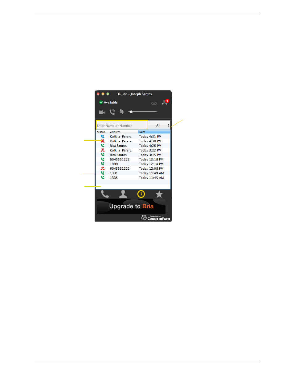 6 using other resources, 1 the history tab, Using other resources | The history tab, 6using other resources, Managing the list of calls, Phoning from history | CounterPath X-Lite 4.6 for Mac User Guide User Manual | Page 33 / 61