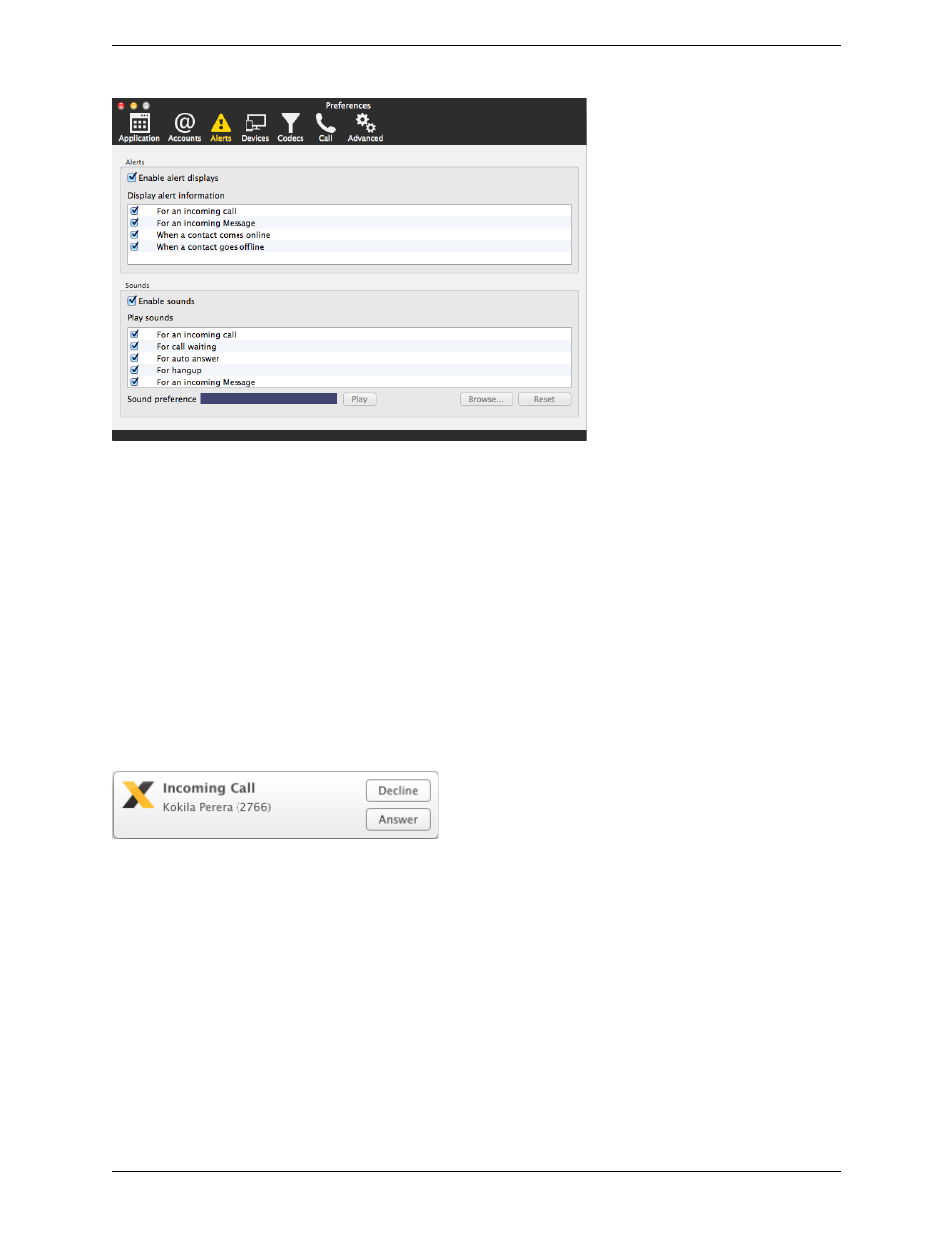 Preferences – alerts & sounds | CounterPath X-Lite 4.6 for Mac User Guide User Manual | Page 46 / 61
