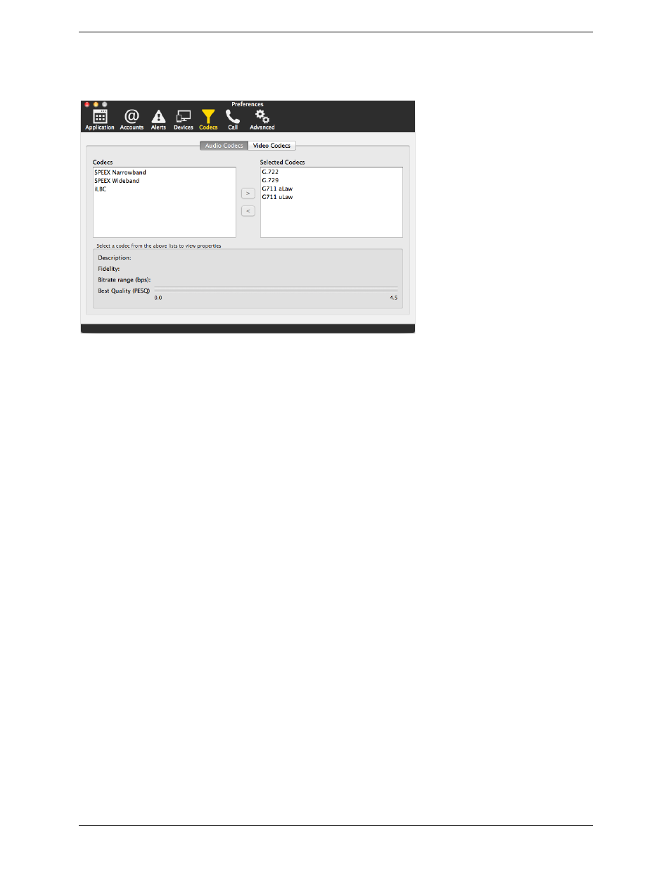 Preferences – codecs | CounterPath X-Lite 4.6 for Mac User Guide User Manual | Page 49 / 61