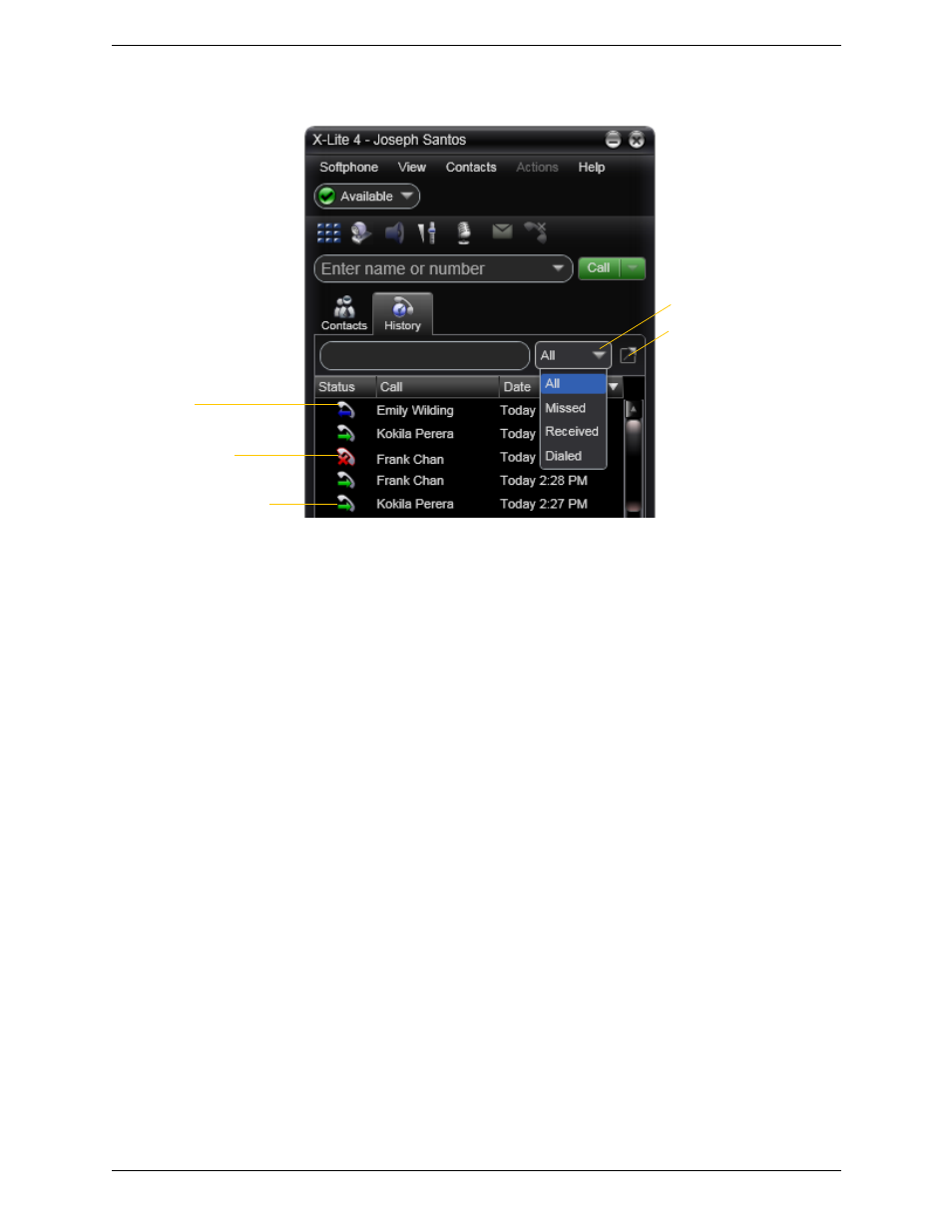 2 history tab, History tab, Managing the lists of calls | Phoning from history | CounterPath X-Lite 4 for Windows User Guide User Manual | Page 27 / 62