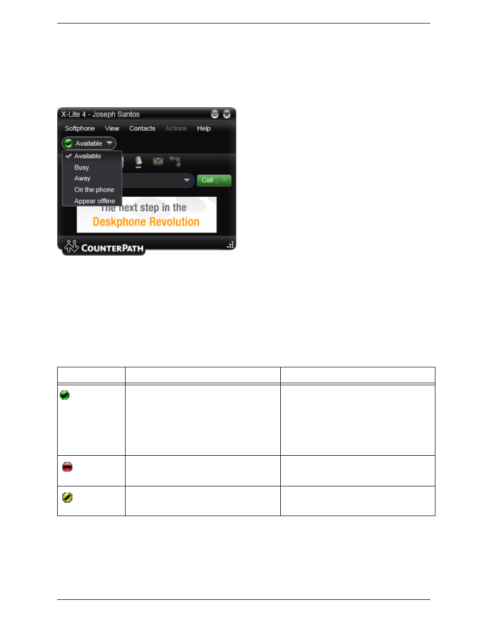 Setting your availability, Changing your availability, Setting up availability indicators | CounterPath X-Lite 4 for Windows User Guide User Manual | Page 30 / 62