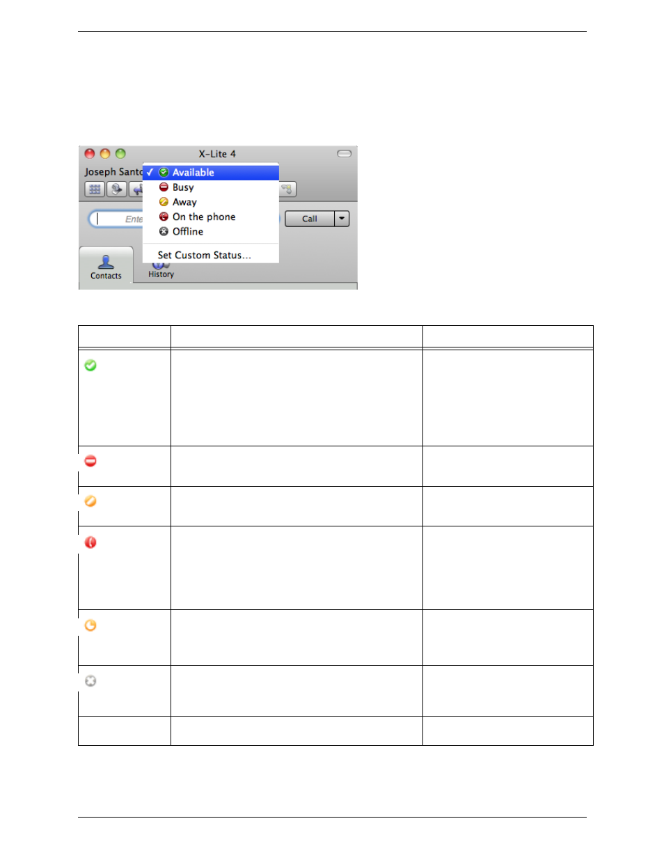 Setting your online status, Changing your status | CounterPath X-Lite 4 for Mac User Guide User Manual | Page 27 / 58