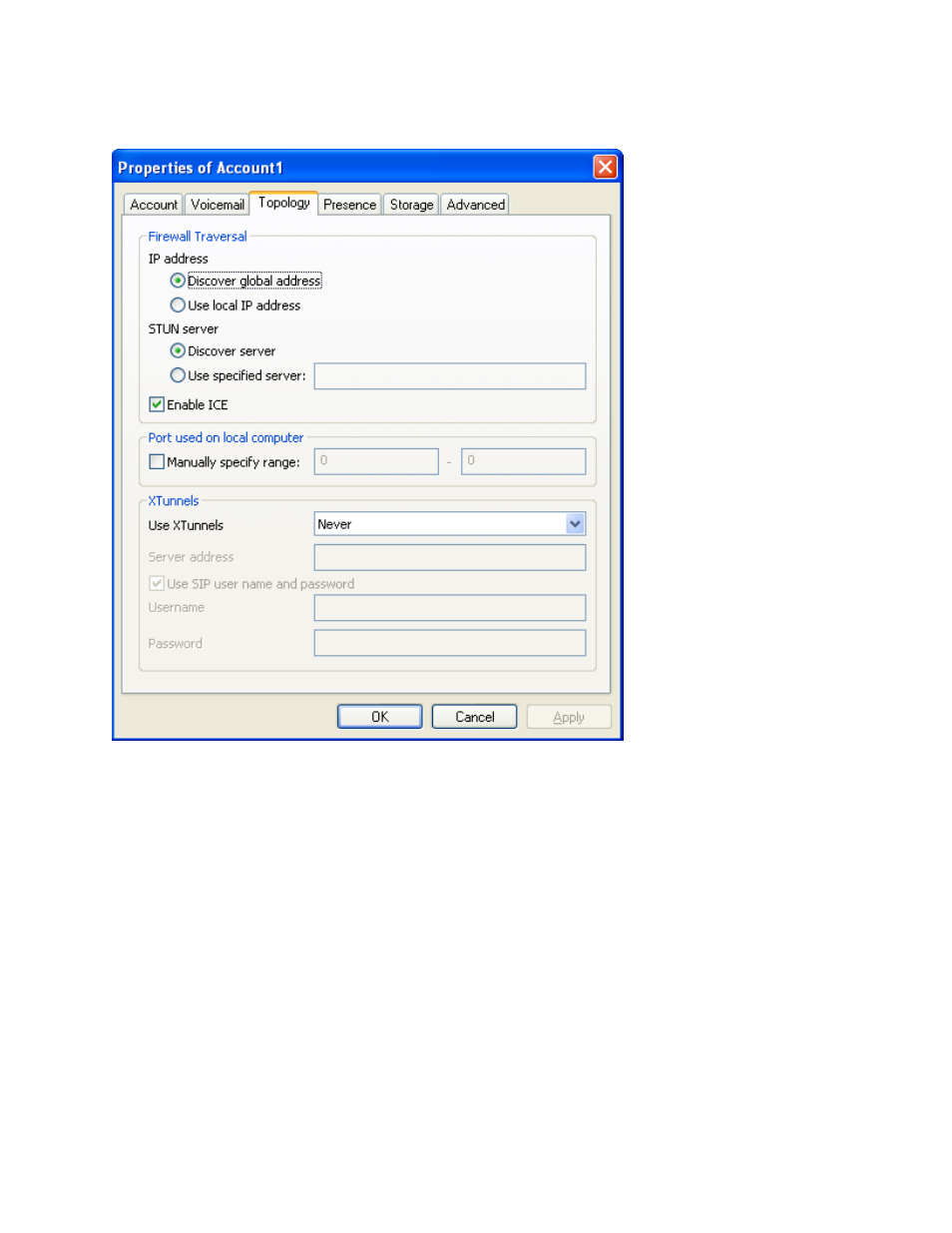 Account properties - topology | CounterPath X-Lite 3.0 User Guide User Manual | Page 49 / 66