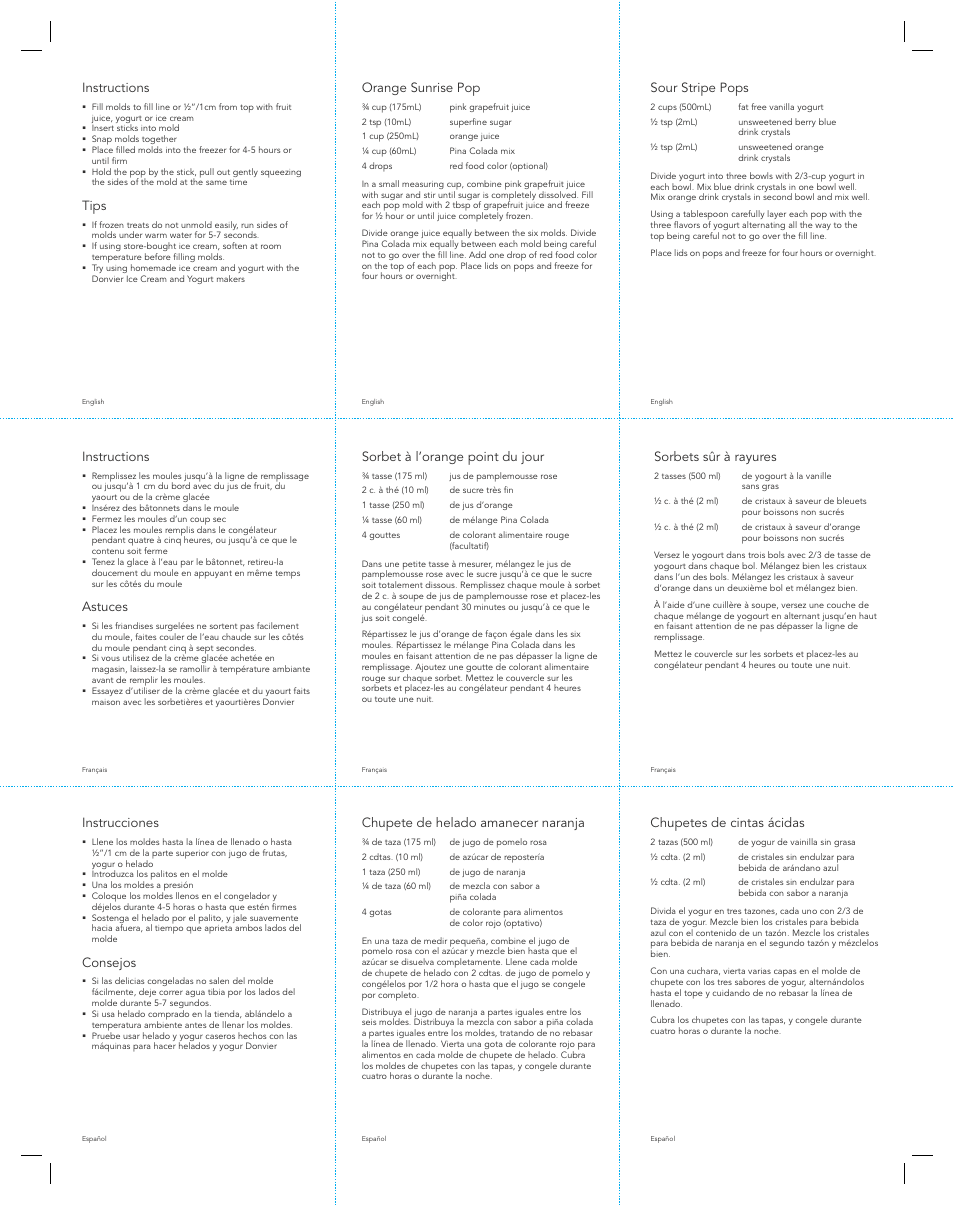 Instructions, Tips, Orange sunrise pop | Sour stripe pops, Astuces, Sorbet à l’orange point du jour, Sorbets sыr а rayures, Instrucciones, Consejos, Chupete de helado amanecer naranja | Cuisipro 83-7446 Snap-fit Circle Pop Mold Set of 6 User Manual | Page 2 / 2