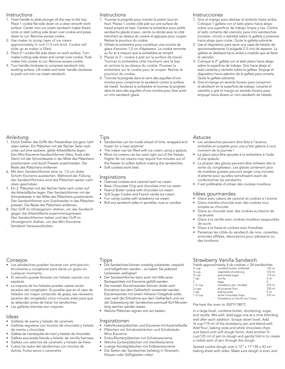 Instructions, Instrucciones, Anleitung | Tips, Inspirations, Astuces, Idées gourmandes, Consejos, Ideas, Tipps | Cuisipro 83-7447 Mini Ice Cream Sandwich Maker User Manual | Page 2 / 2