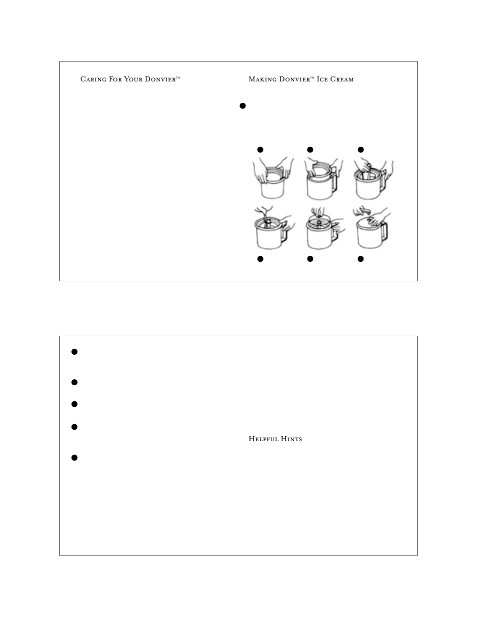 Caring for your donvier, Making donvier, Ice cream | Helpful hints | Cuisipro 83-7450 Donvier Ice Cream Maker User Manual | Page 2 / 7