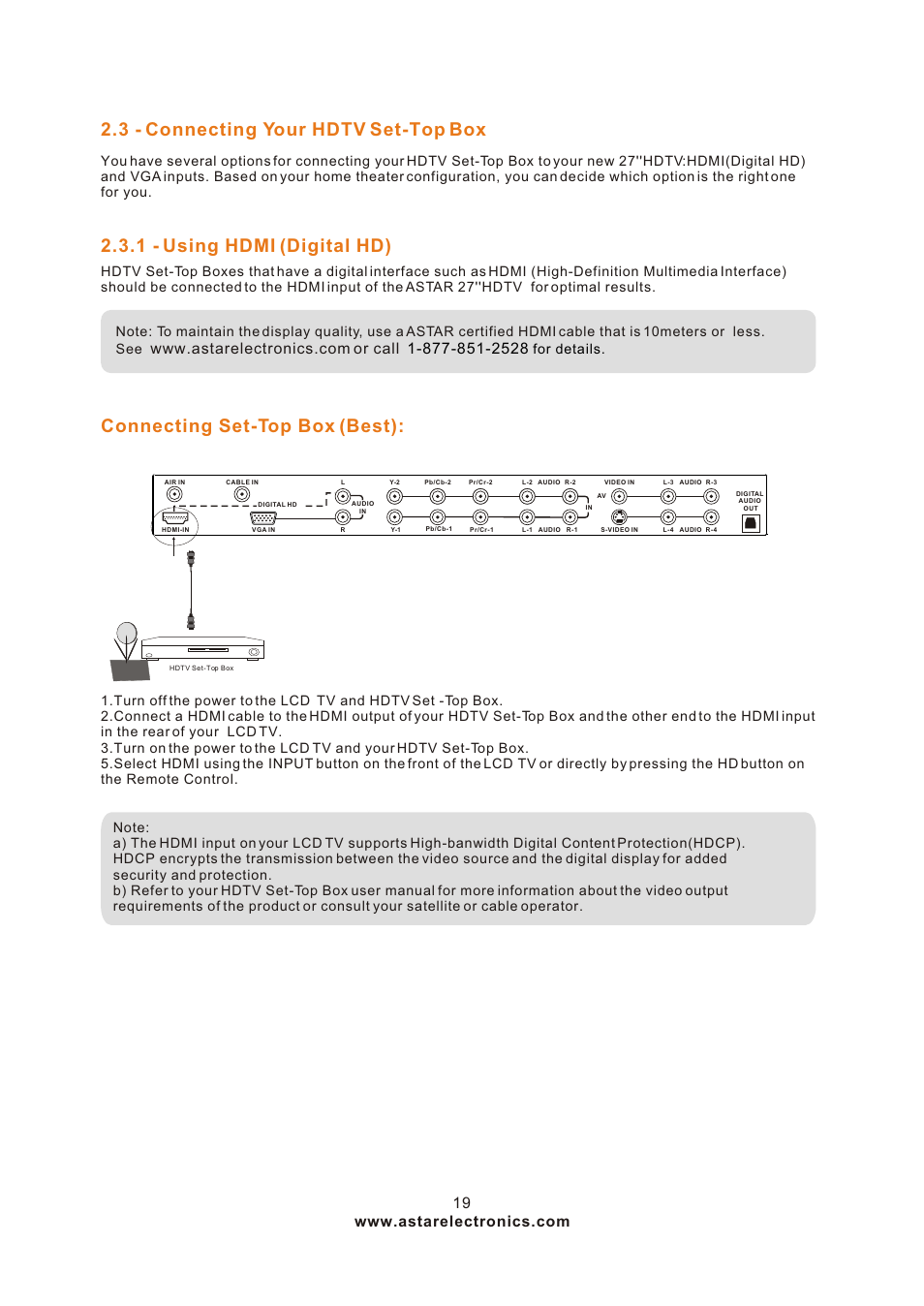 Т³гж 19, 3 - connecting your hdtv set-top box, 1 - using hdmi (digital hd) | Connecting set-top box (best), For details | ASTAR ASTAR 27''HDTV User Manual | Page 19 / 52