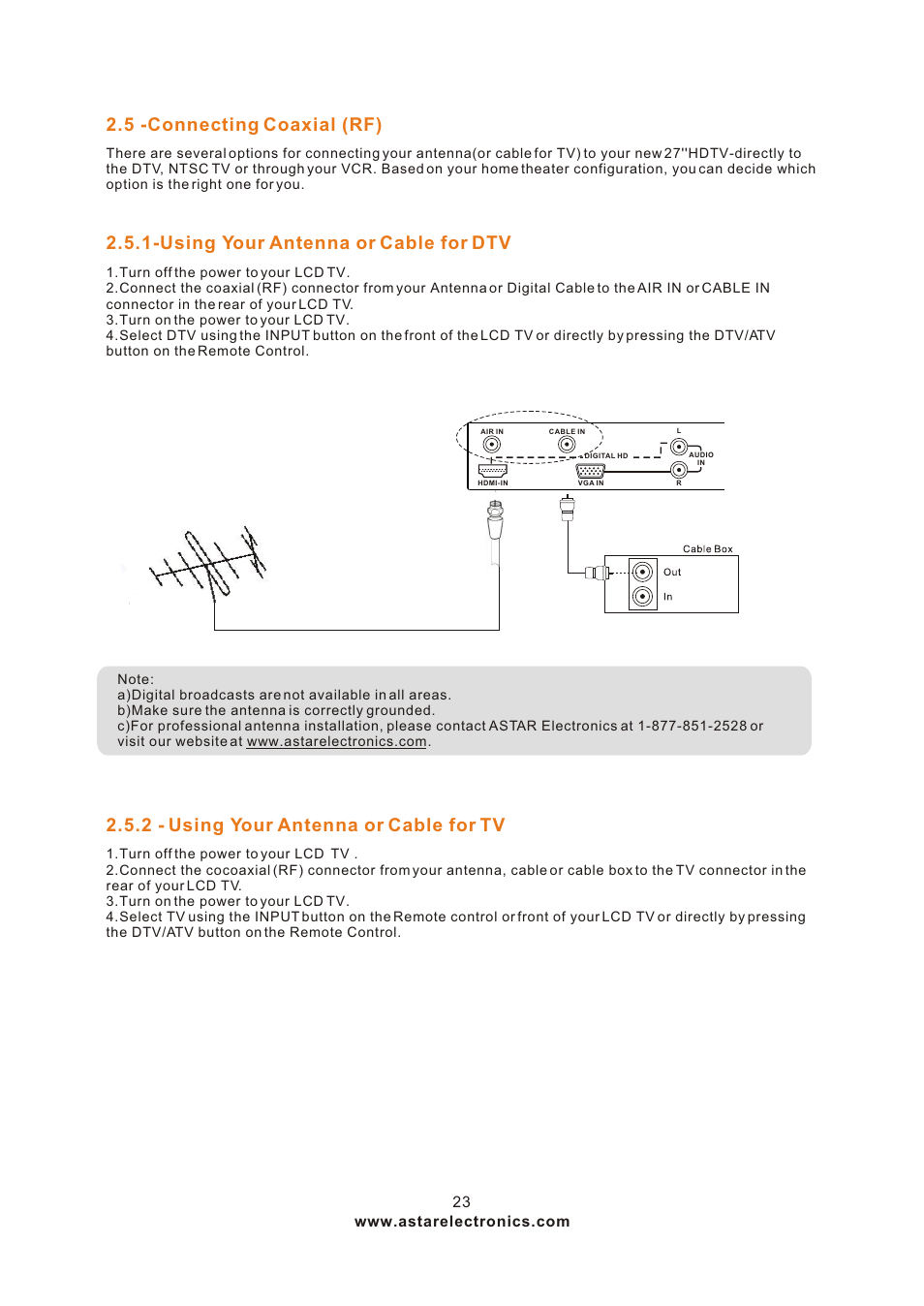 Т³гж 23, 5 -connecting coaxial (rf), Using your antenna or cable for dtv | 2 - using your antenna or cable for tv | ASTAR ASTAR 27''HDTV User Manual | Page 23 / 52