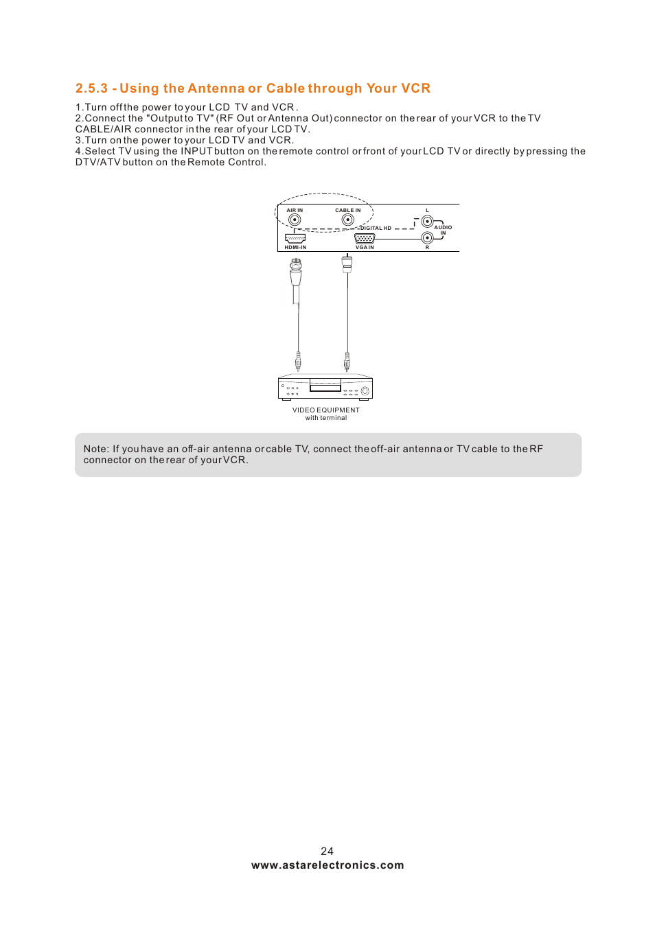 Т³гж 24, 3 - using the antenna or cable through your vcr | ASTAR ASTAR 27''HDTV User Manual | Page 24 / 52