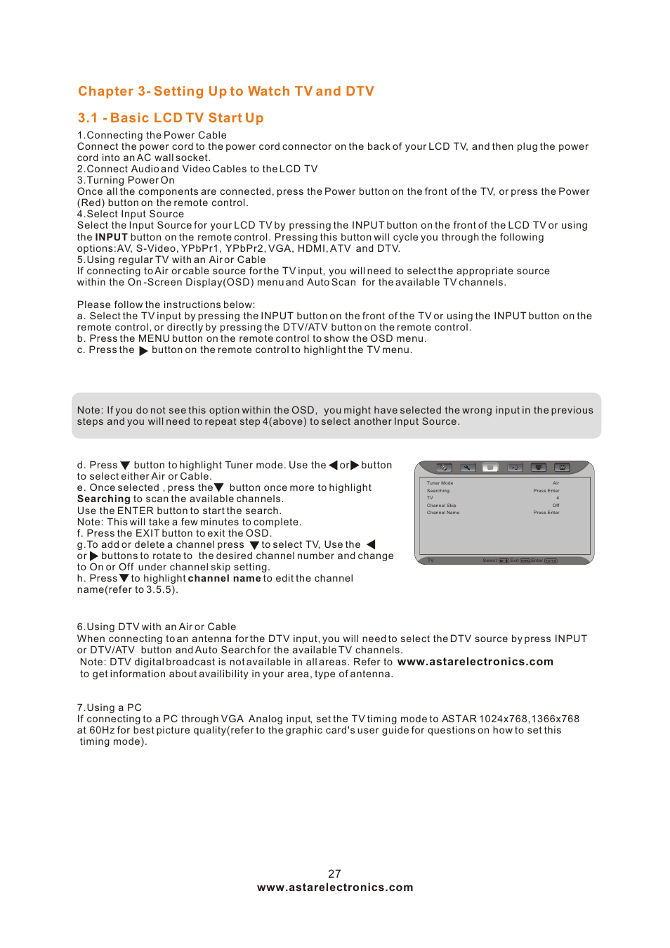 Т³гж 27, Chapter 3- setting up to watch tv and dtv, 1 - basic lcd tv start up | ASTAR ASTAR 27''HDTV User Manual | Page 27 / 52