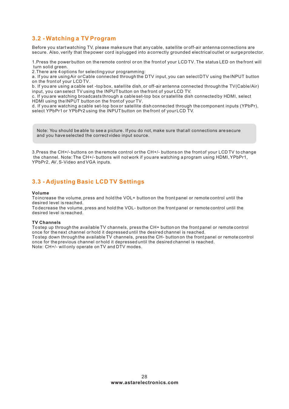 Т³гж 28, 2 - watching a tv program, 3 - adjusting basic lcd tv settings | ASTAR ASTAR 27''HDTV User Manual | Page 28 / 52