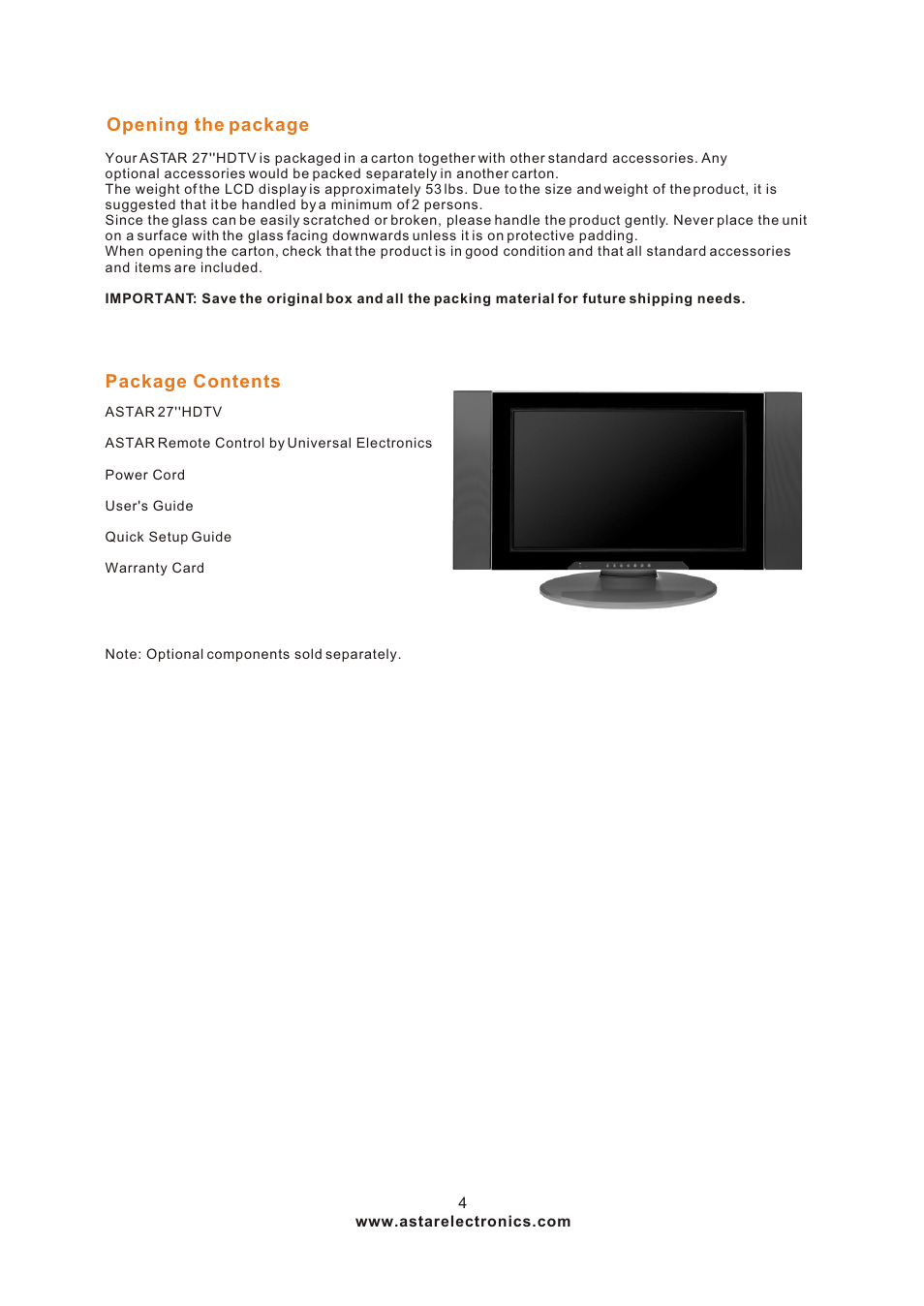 Т³гж 4, Opening the package, Package contents | ASTAR ASTAR 27''HDTV User Manual | Page 4 / 52