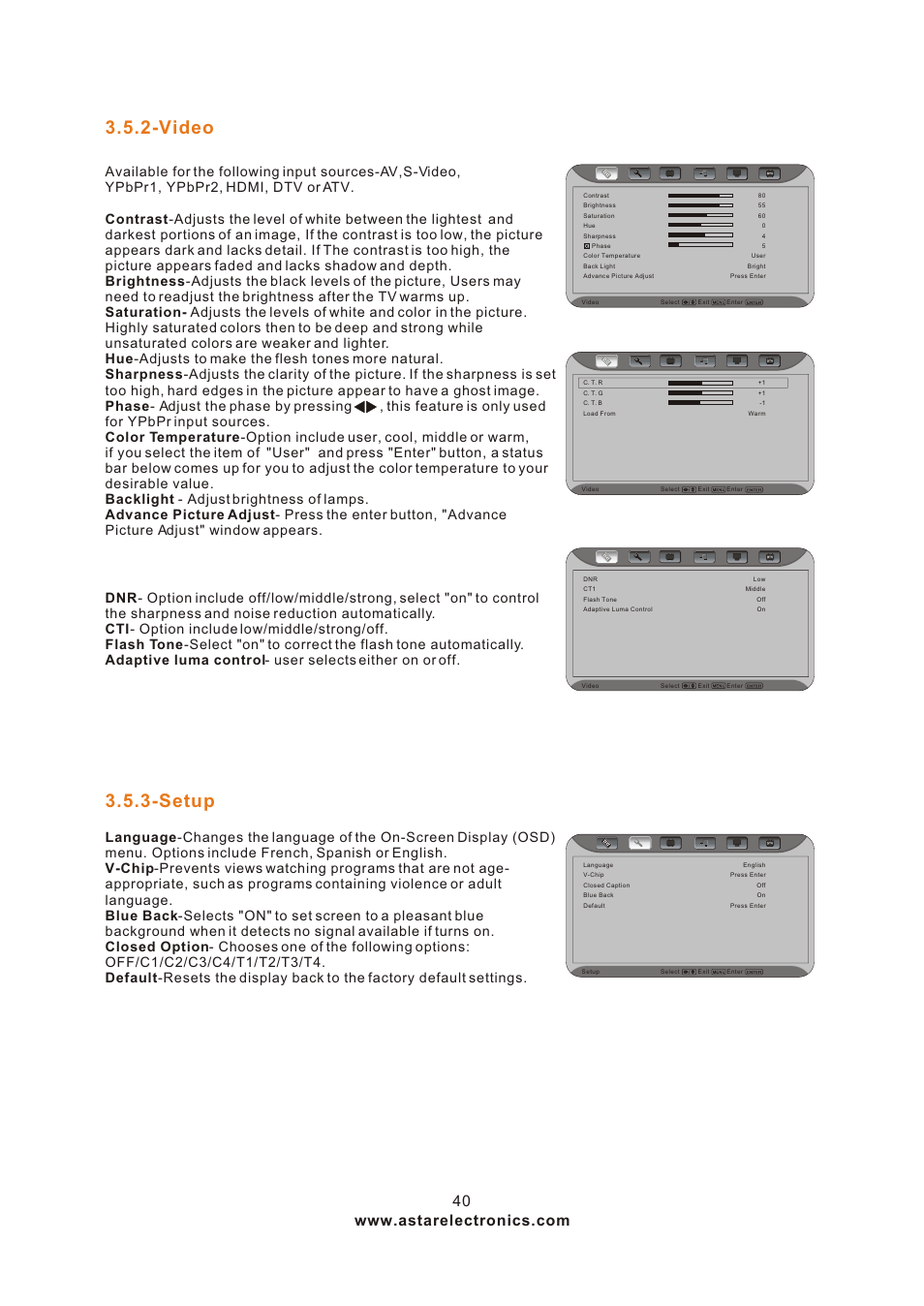 Т³гж 40, Video, Setup | ASTAR ASTAR 27''HDTV User Manual | Page 40 / 52