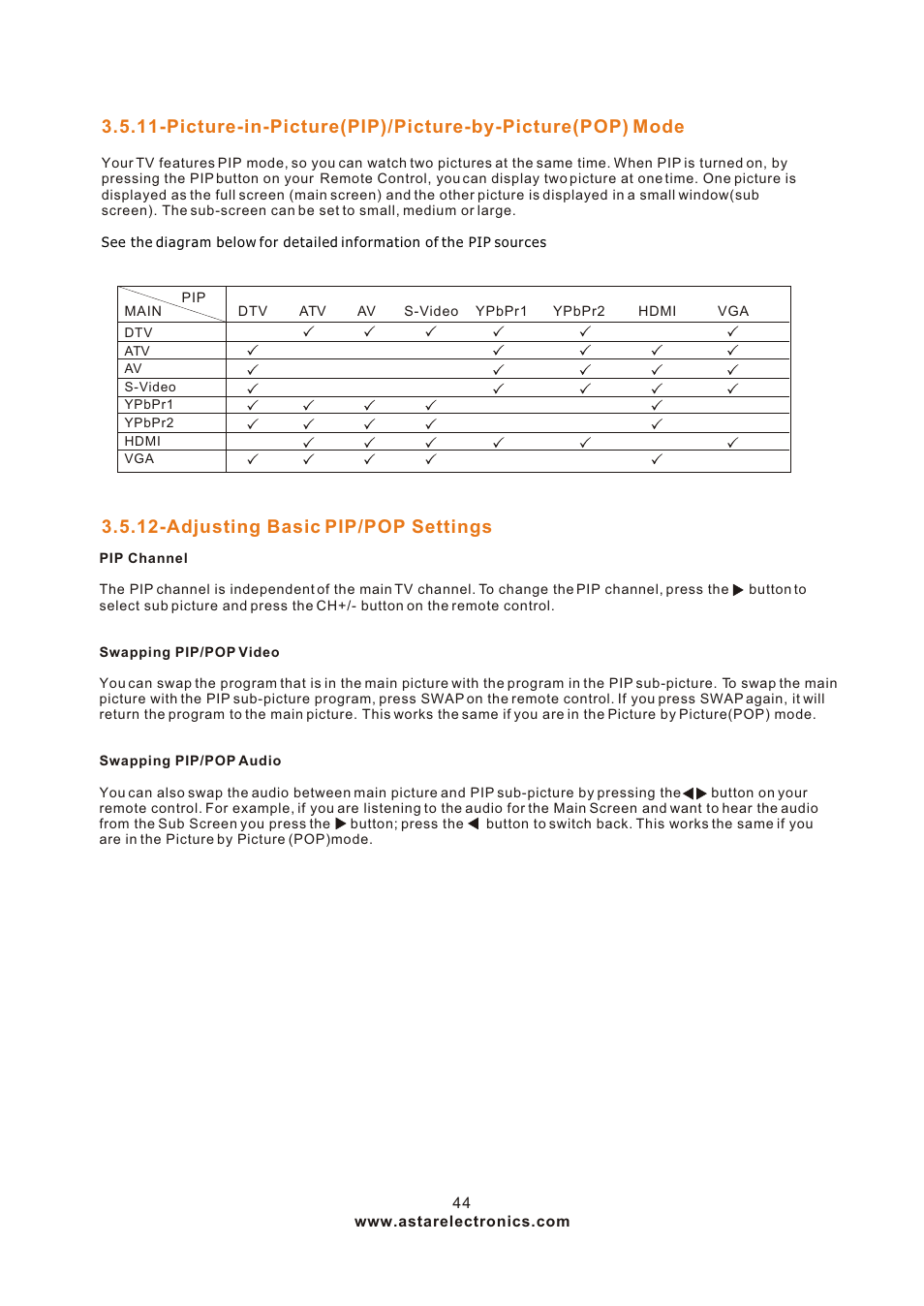 Т³гж 44, Adjusting basic pip/pop settings | ASTAR ASTAR 27''HDTV User Manual | Page 44 / 52