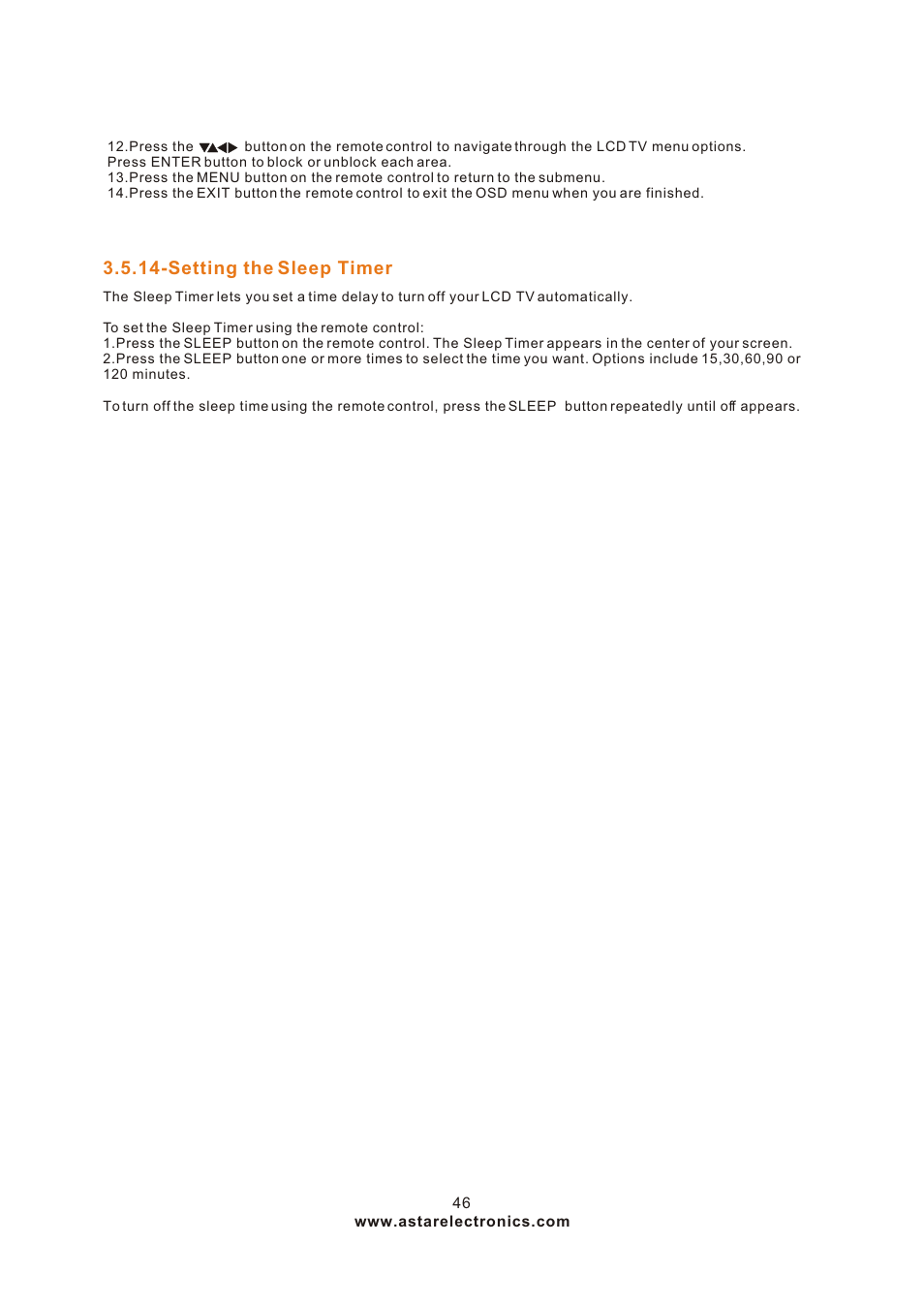 Т³гж 46, Setting the sleep timer | ASTAR ASTAR 27''HDTV User Manual | Page 46 / 52
