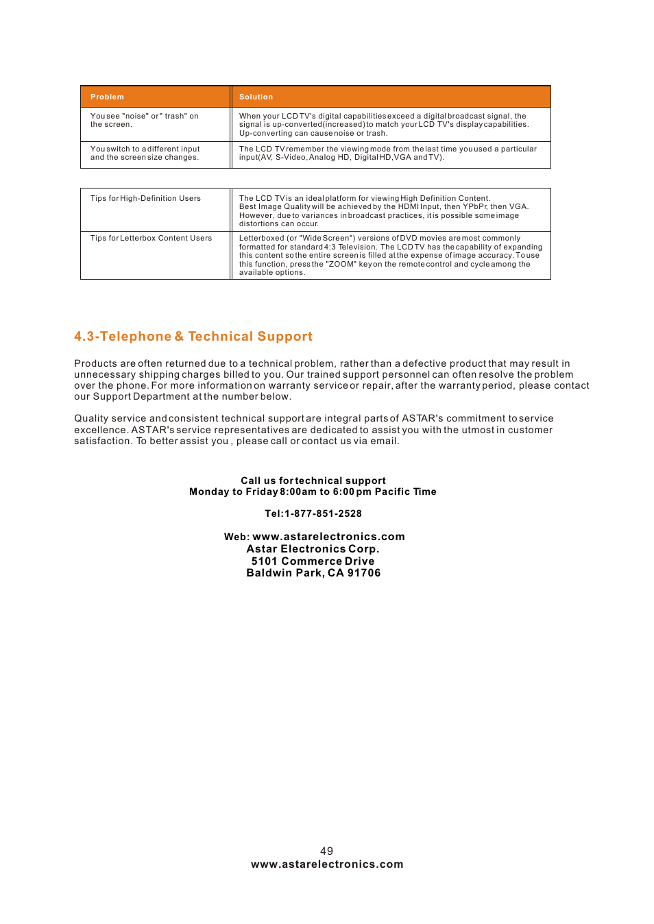 Т³гж 49, Telephone & technical support | ASTAR ASTAR 27''HDTV User Manual | Page 49 / 52
