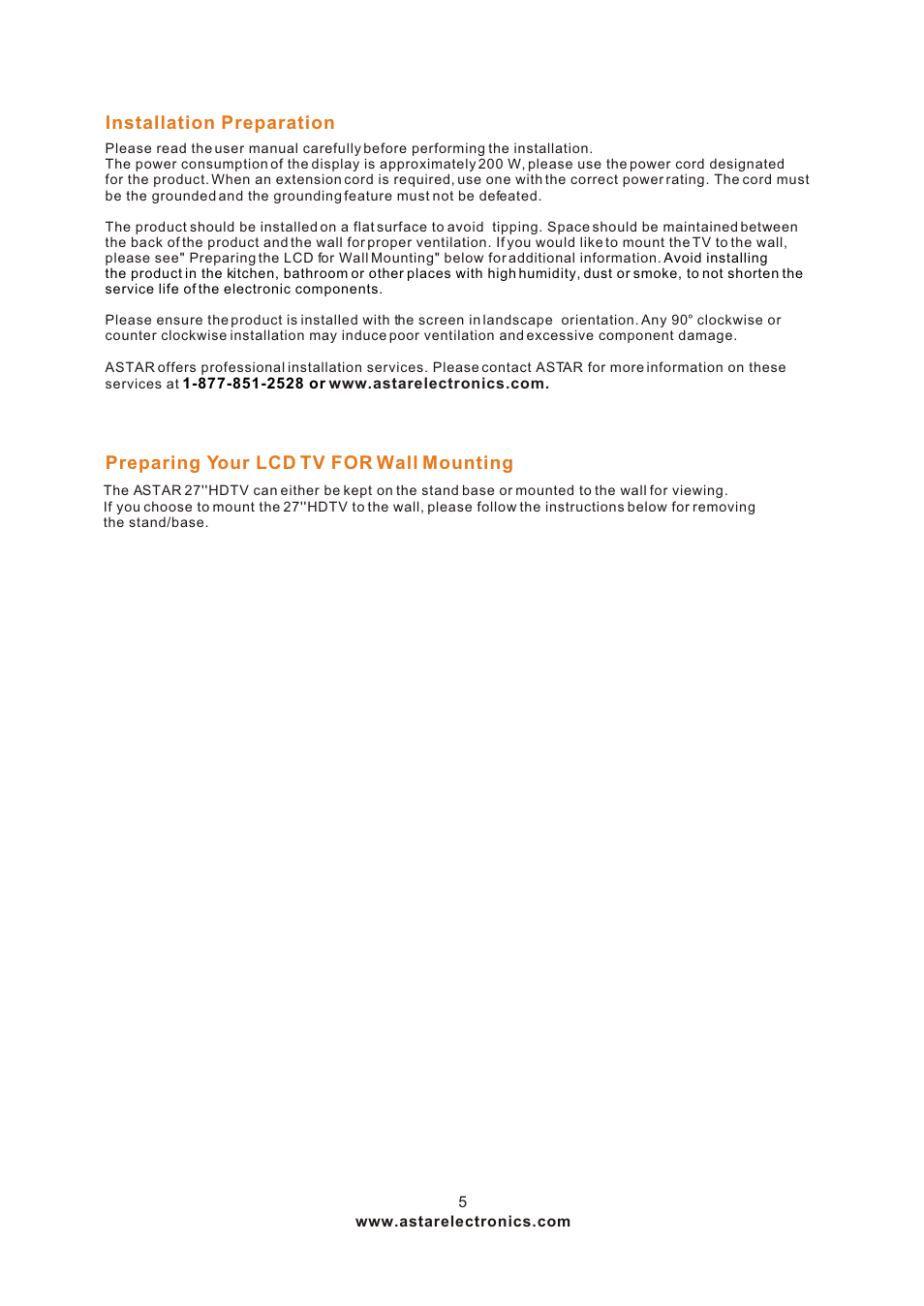 Т³гж 5, Installation preparation, Preparing your lcd tv for wall mounting | ASTAR ASTAR 27''HDTV User Manual | Page 5 / 52