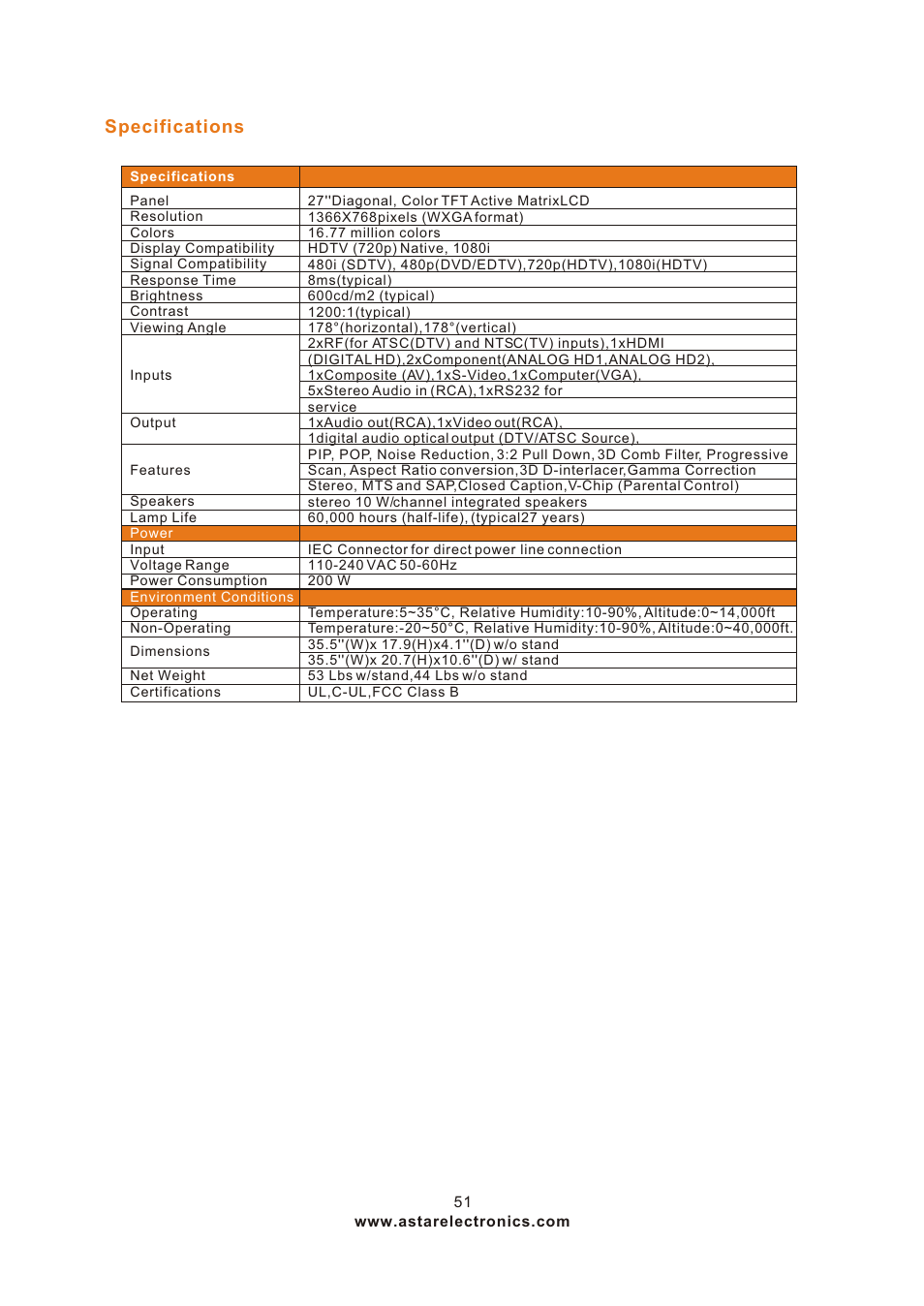 Т³гж 51, Specifications | ASTAR ASTAR 27''HDTV User Manual | Page 51 / 52