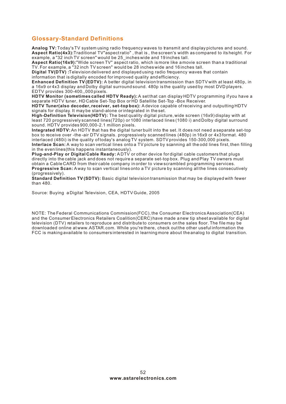 Т³гж 52, Glossary-standard definitions | ASTAR ASTAR 27''HDTV User Manual | Page 52 / 52