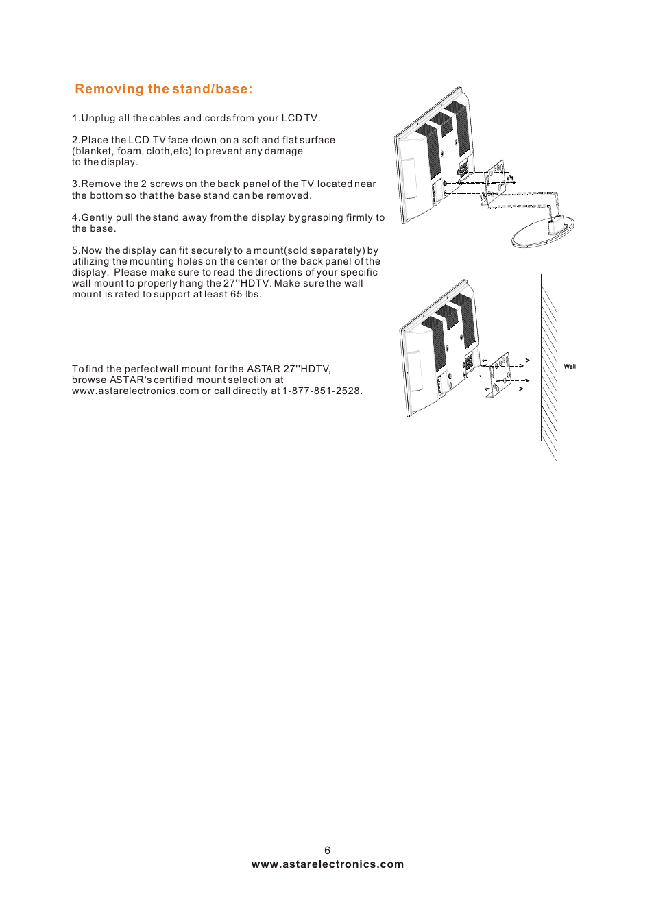 Т³гж 6, Removing the stand/base | ASTAR ASTAR 27''HDTV User Manual | Page 6 / 52