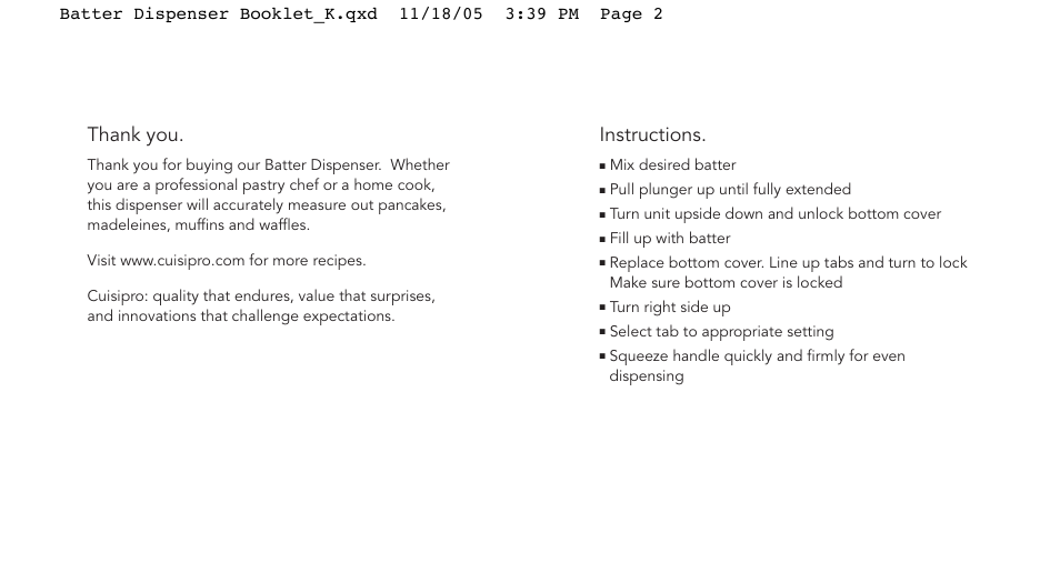 Instructions | Cuisipro 74-712000 Batter Dispenser User Manual | Page 2 / 11