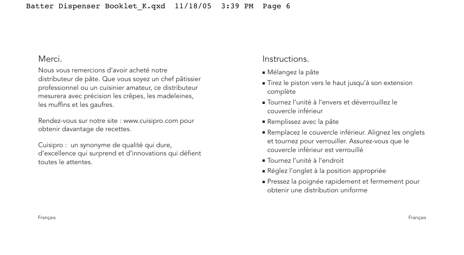 Merci, Instructions | Cuisipro 74-712000 Batter Dispenser User Manual | Page 4 / 11