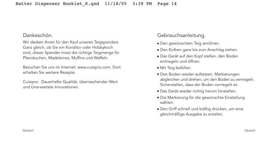Dankeschön, Gebrauchsanleitung | Cuisipro 74-712000 Batter Dispenser User Manual | Page 8 / 11