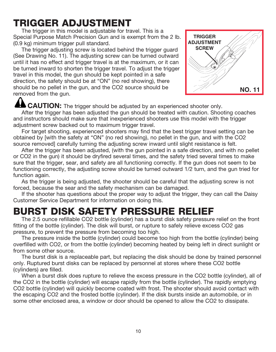 Trigger adjustment, Burst disk safety pressure relief, Caution | Daisy AVANTI Medalist 888 User Manual | Page 13 / 16