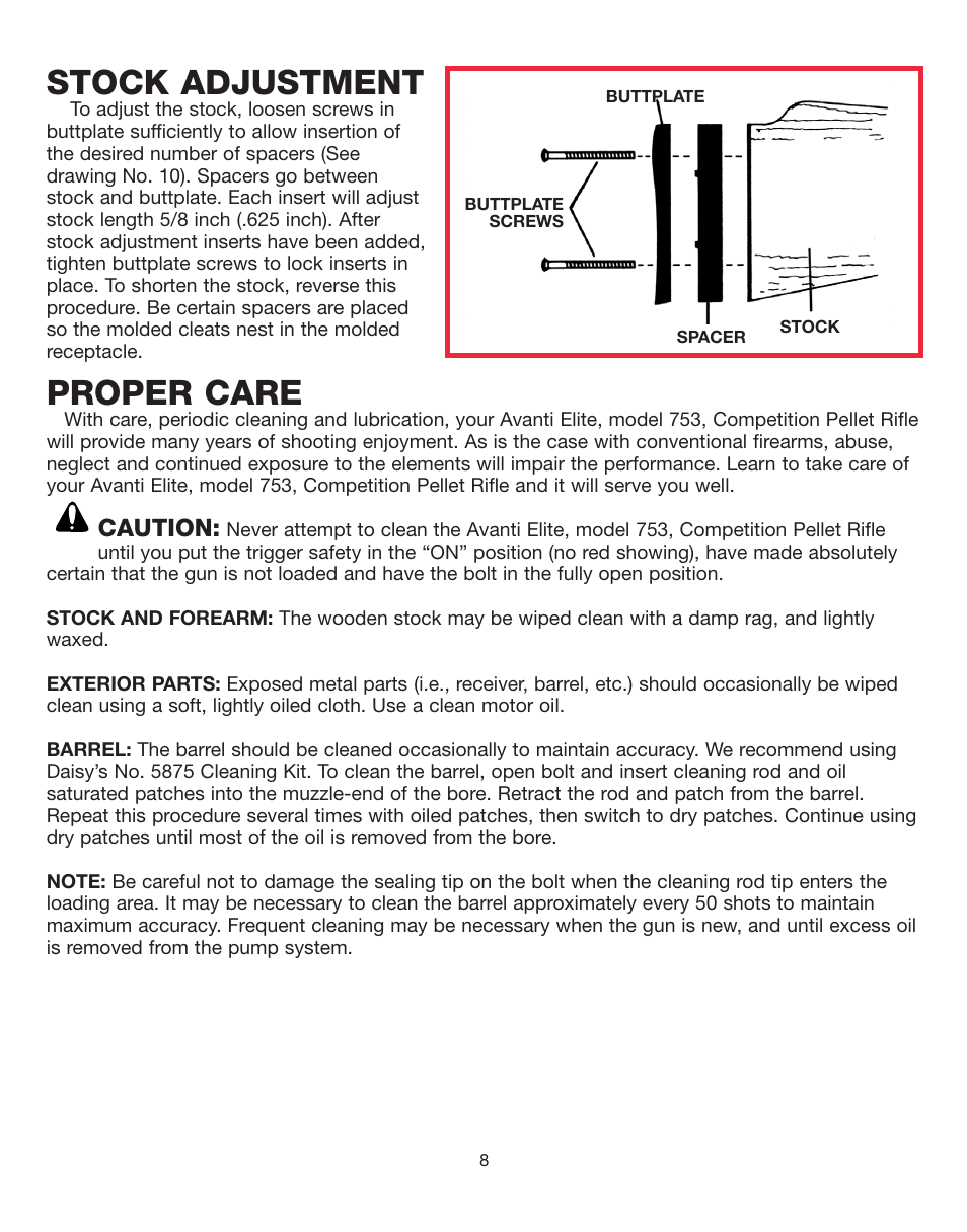 Stock adjustment, Proper care, Caution | Daisy AVANTI Elite 753 User Manual | Page 8 / 14