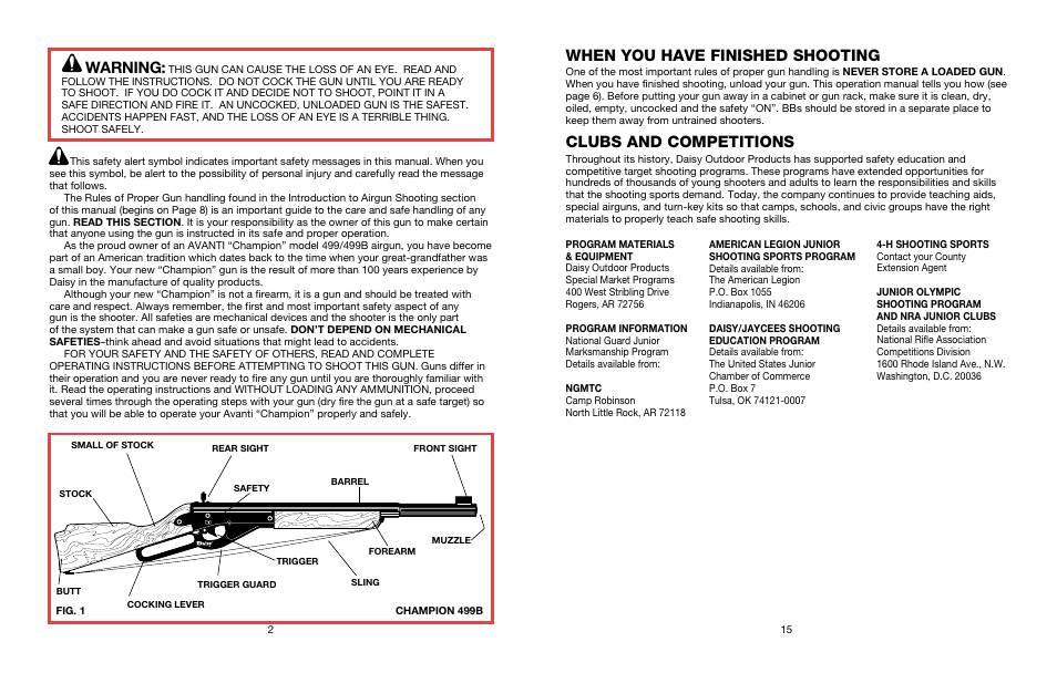 Warning, When you have finished shooting, Clubs and competitions | Daisy AVANTI Champion 499/499B User Manual | Page 2 / 8