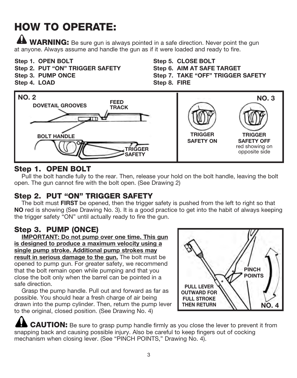 How to operate, Warning, Step 1. open bolt | Step 2. put “on” trigger safety, Step 3. pump (once), Caution | Daisy PowerLine TargetPro 953 User Manual | Page 3 / 15