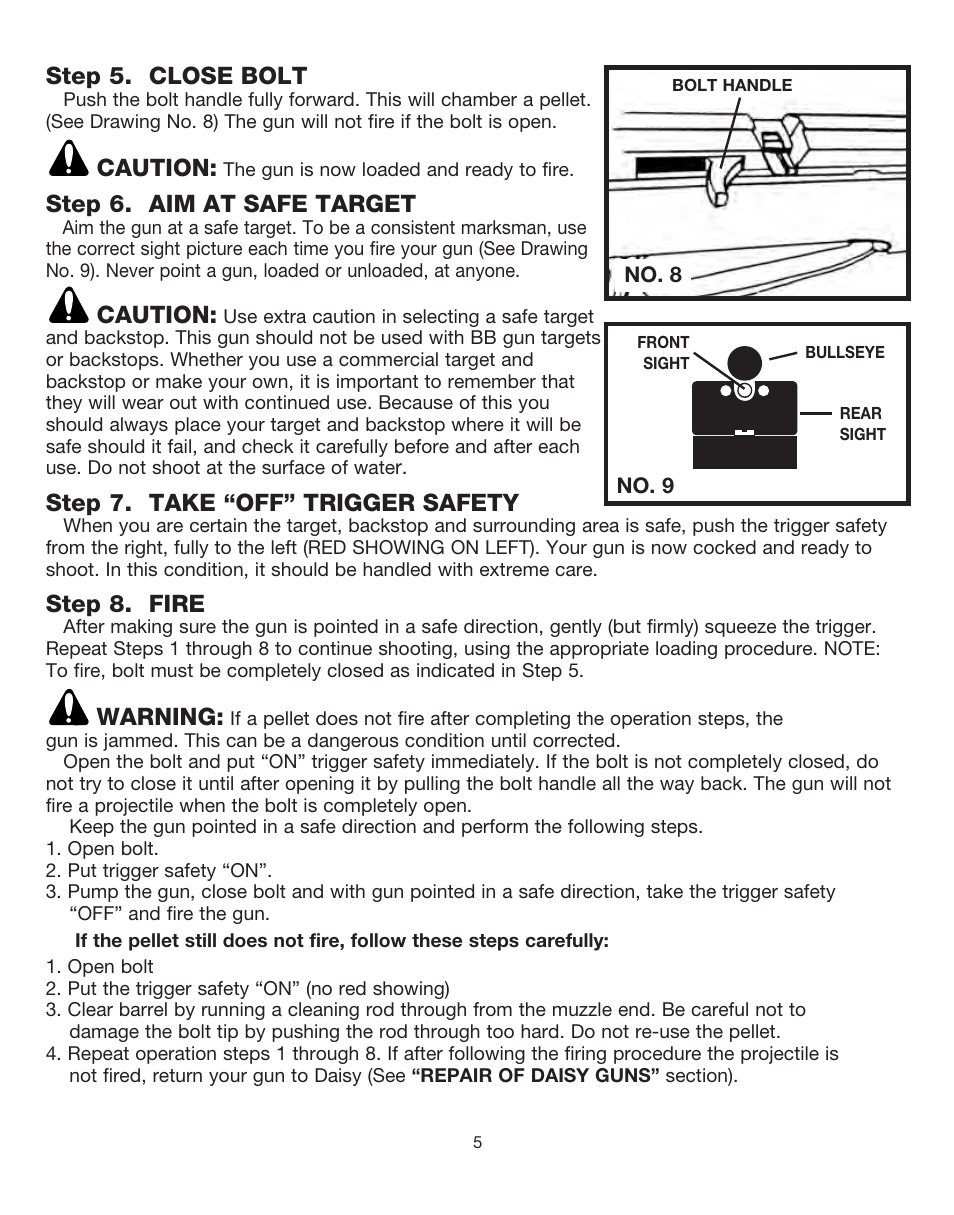 Step 5. close bolt, Caution, Step 6. aim at safe target | Step 7. take “off” trigger safety, Step 8. fire, Warning | Daisy PowerLine TargetPro 953 User Manual | Page 5 / 15