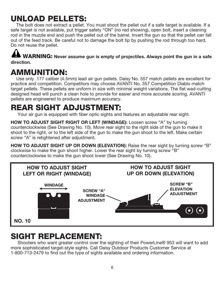 Unload pellets, Ammunition, Rear sight adjustment | Sight replacement | Daisy PowerLine TargetPro 953 User Manual | Page 6 / 15