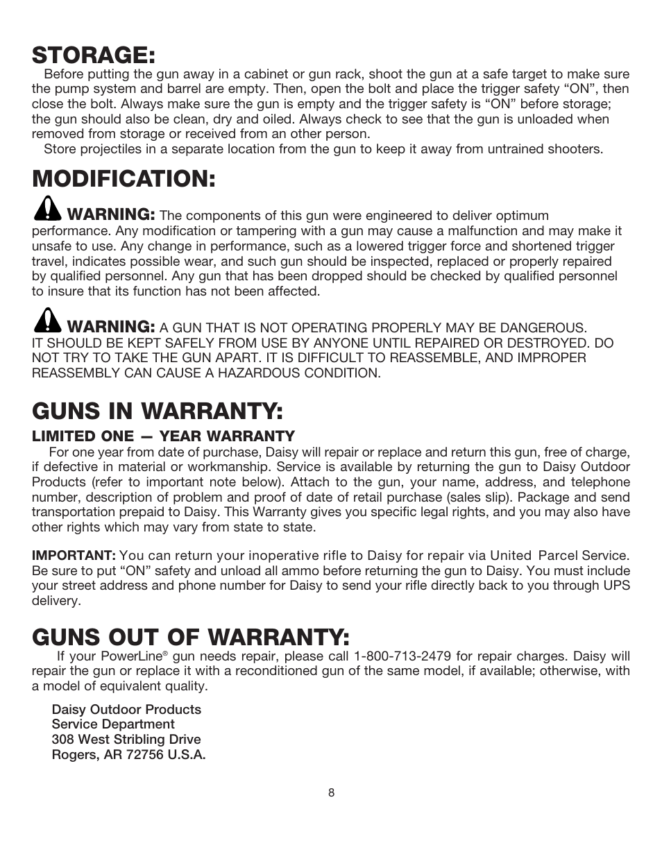 Storage, Modification, Guns in warranty | Guns out of warranty | Daisy PowerLine TargetPro 953 User Manual | Page 8 / 15