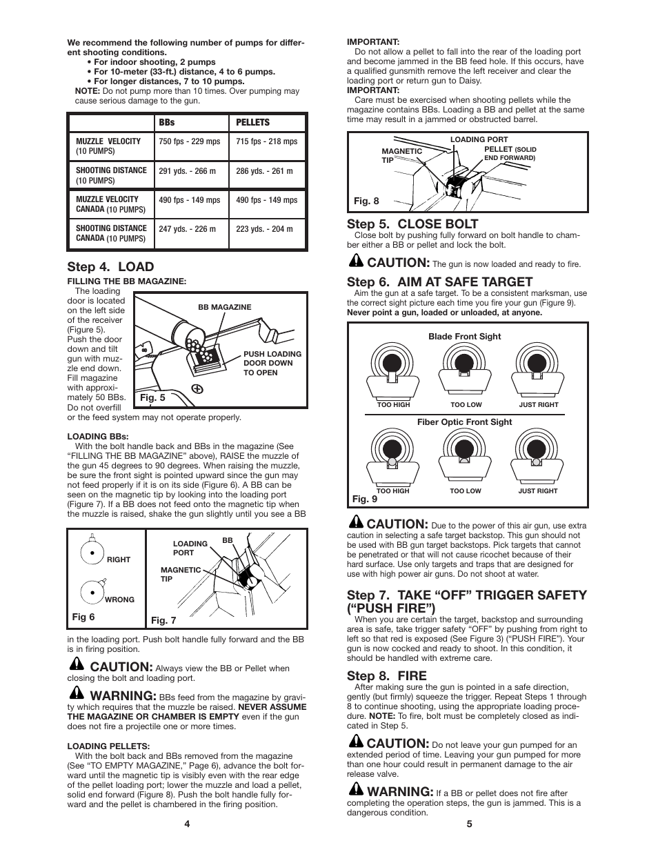 Step 4. load, Caution, Warning | Step 5. close bolt, Step 6. aim at safe target, Step 7. take “off” trigger safety (“push fire”), Step 8. fire | Daisy PowerLine 901 User Manual | Page 3 / 7