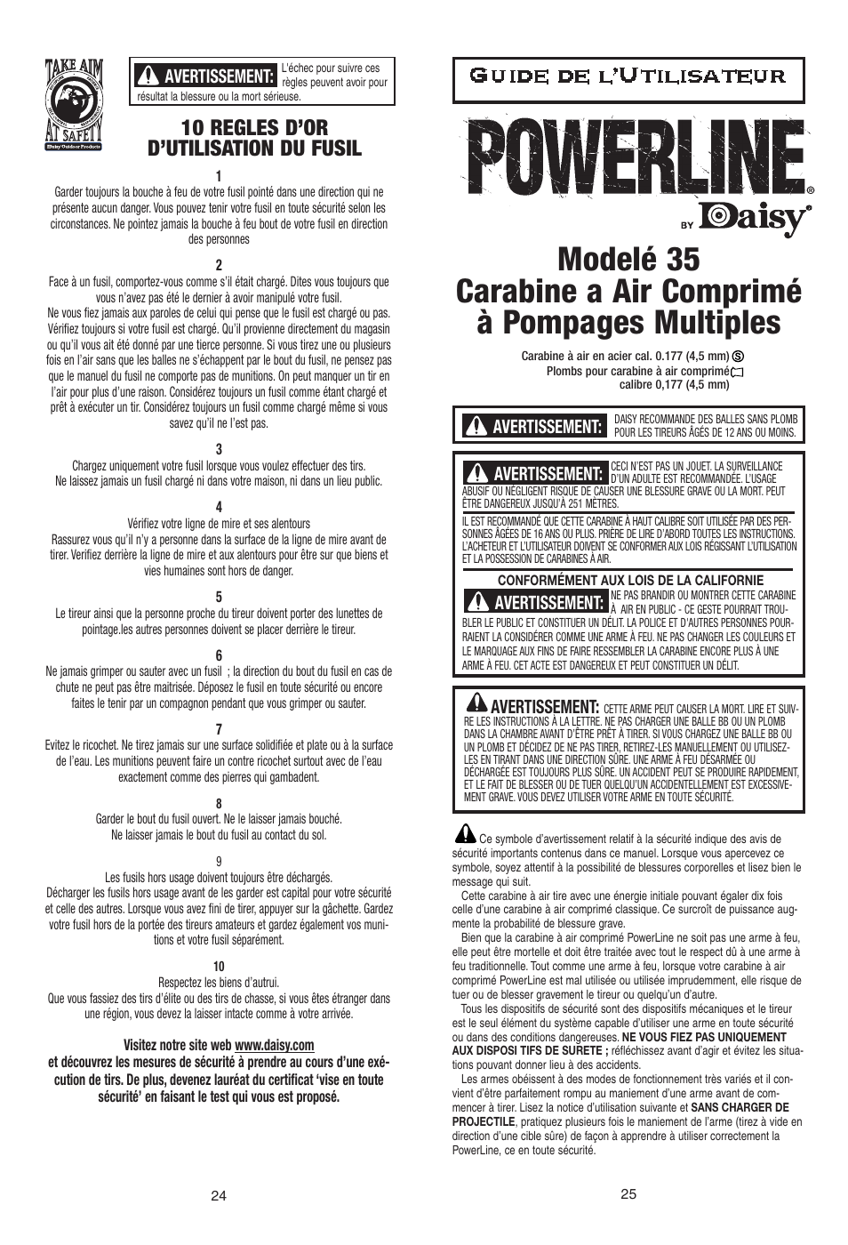 Guide de l’utilisateur, 10 regles d’or d’utilisation du fusil, Avertissement | Daisy PowerLine 35 User Manual | Page 13 / 18