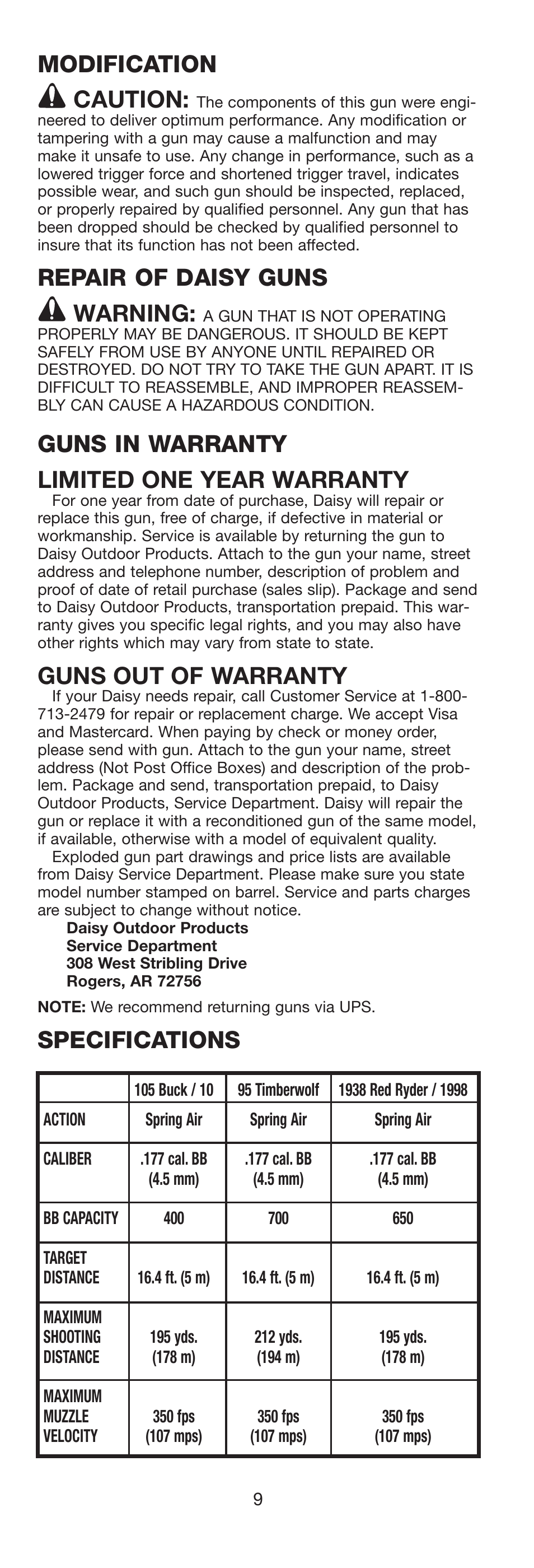Modification caution, Repair of daisy guns warning, Guns in warranty limited one year warranty | Guns out of warranty, Specifications | Daisy 9938K Red Ryder Kit User Manual | Page 10 / 36