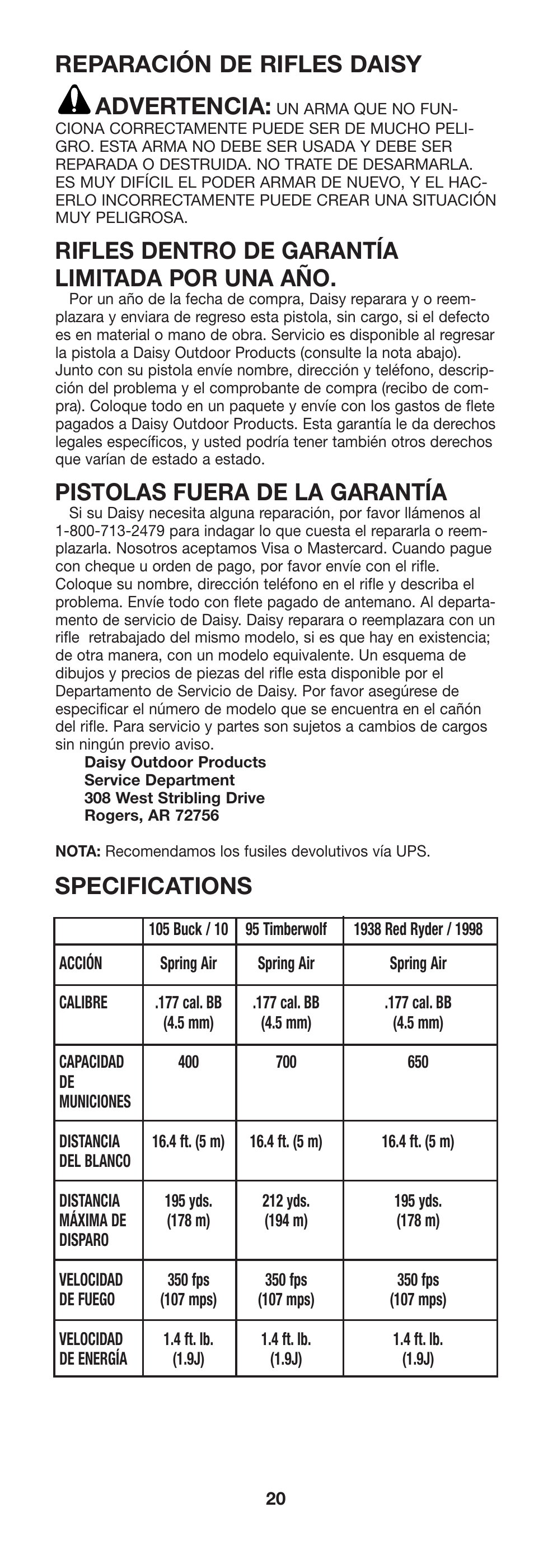 Reparación de rifles daisy advertencia, Rifles dentro de garantía limitada por una año, Pistolas fuera de la garantía | Specifications | Daisy 9938K Red Ryder Kit User Manual | Page 21 / 36
