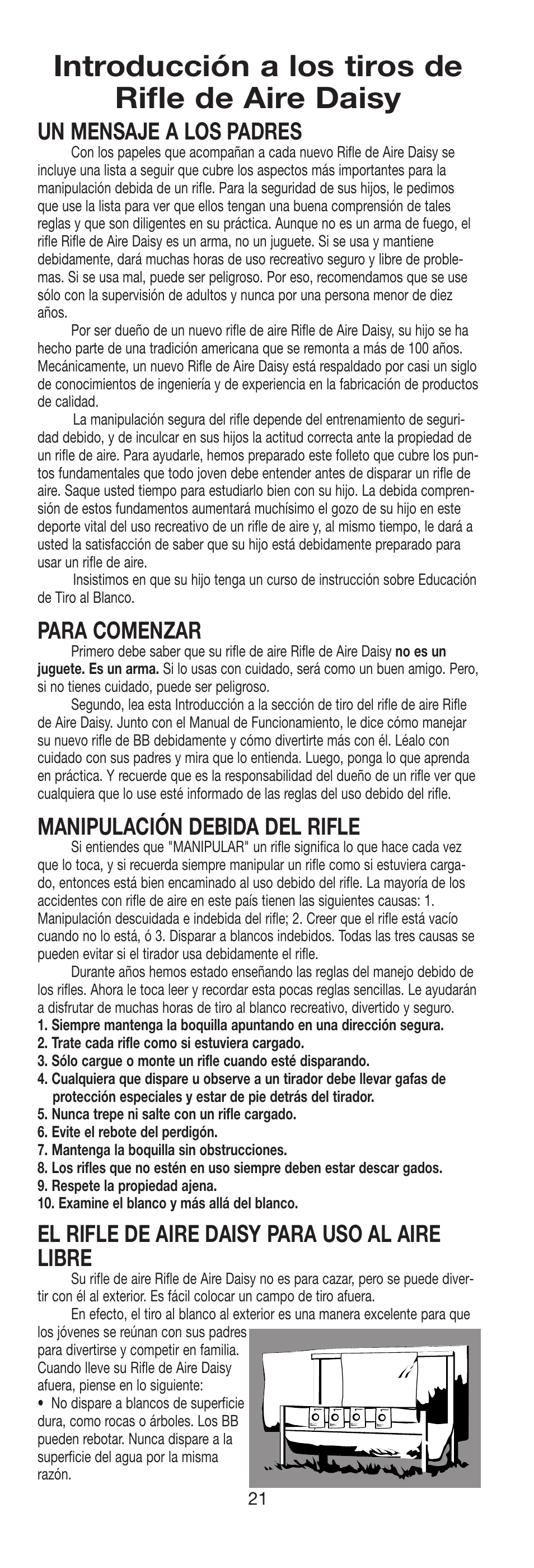 Introducción a los tiros de rifle de aire daisy, Un mensaje a los padres, Para comenzar | Manipulación debida del rifle, El rifle de aire daisy para uso al aire libre | Daisy 9938K Red Ryder Kit User Manual | Page 22 / 36