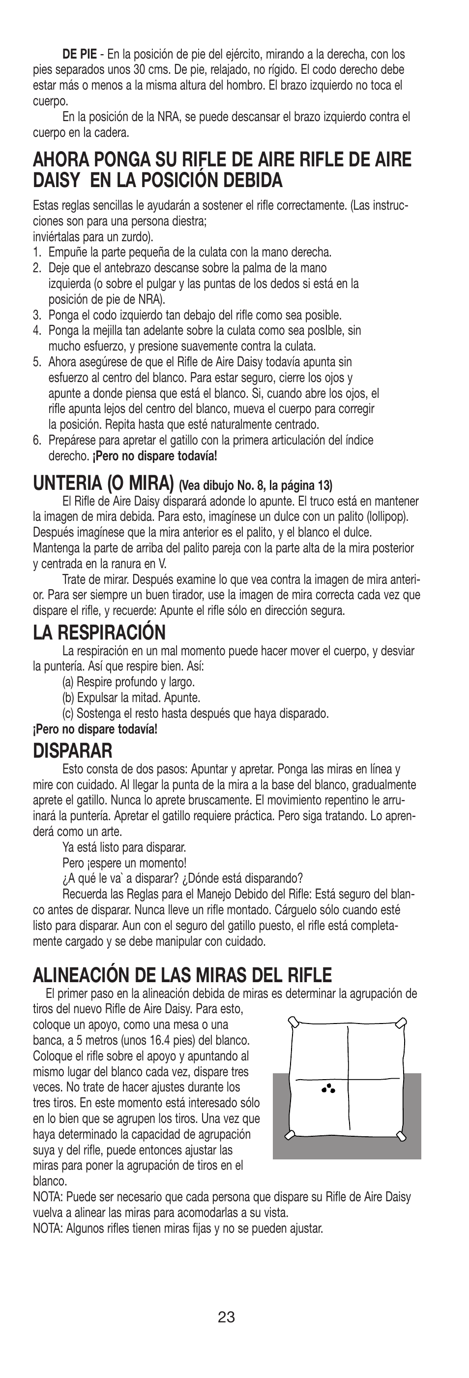 Unteria (o mira), La respiración, Disparar | Alineación de las miras del rifle | Daisy 9938K Red Ryder Kit User Manual | Page 24 / 36